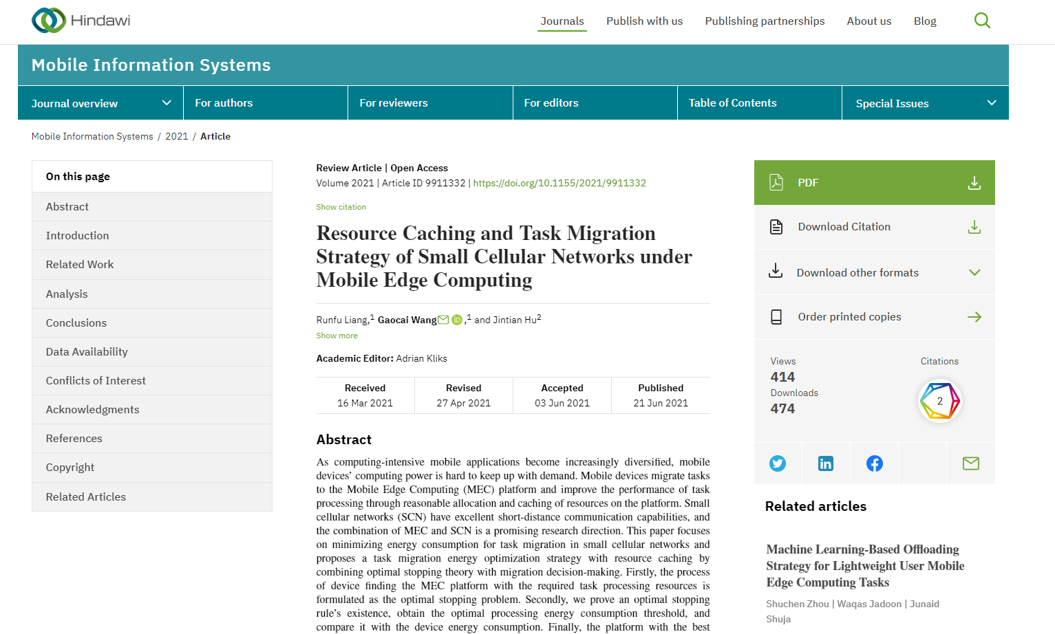 Runfu Li、Gaocai Wang、Jintian He. Resource Caching and Task Migration Strategy of Small Cellular Networks under Mobile Edge Computing