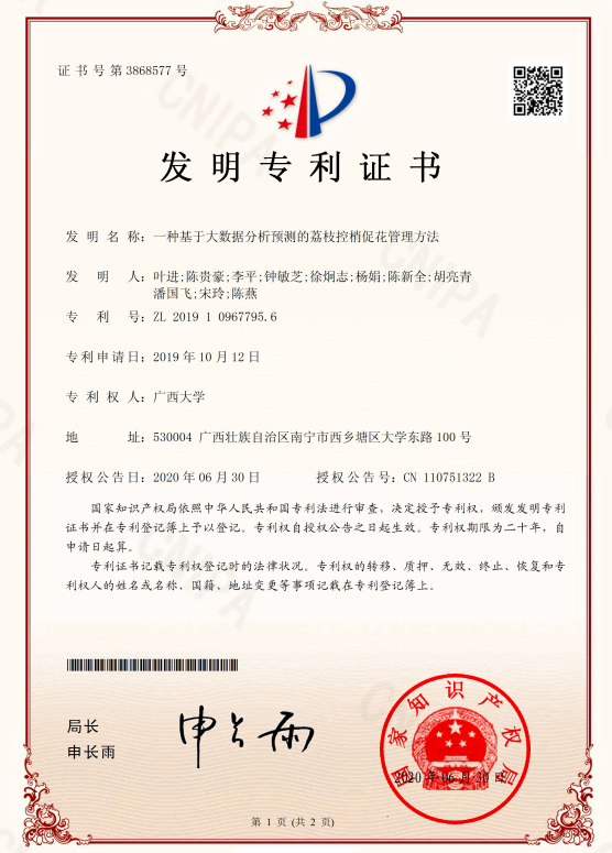 叶进, 陈贵豪, 等. 一种基于大数据分析预测的荔枝控梢促花管理方法, 专利号_ZL 201910967795.6, 授权日_ 2020年6月20日