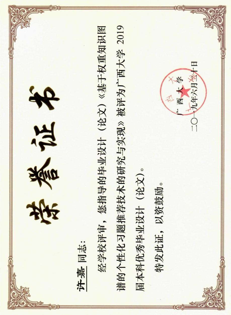 许嘉. 基于权重知识图谱的个性化习题推荐技术的研究与实现. 广西大学2019届本科优秀毕业设计