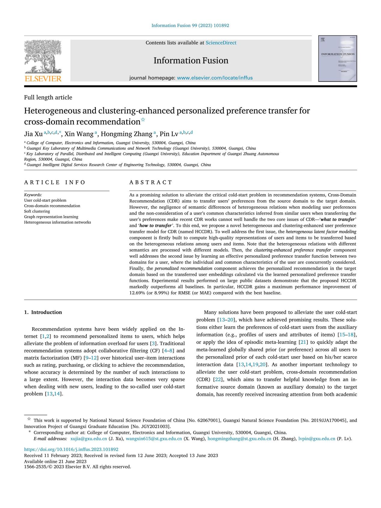 Xin Wang、Hongming Zhang、Pin Lv、Jia Xu. Heterogeneous and Clustering-Enhanced Personalized Preference Transfer for Cross-Domain Recommendation