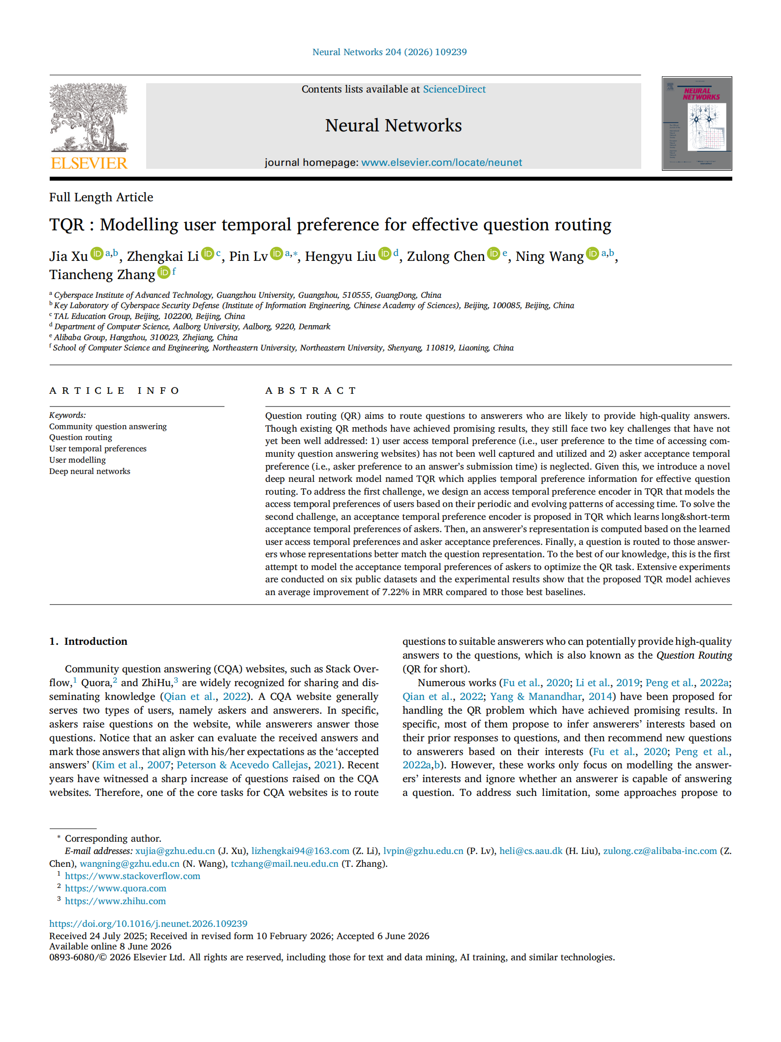 Jia Xu et al. TQR Modelling User Temporal Preference for Effective Question Routing