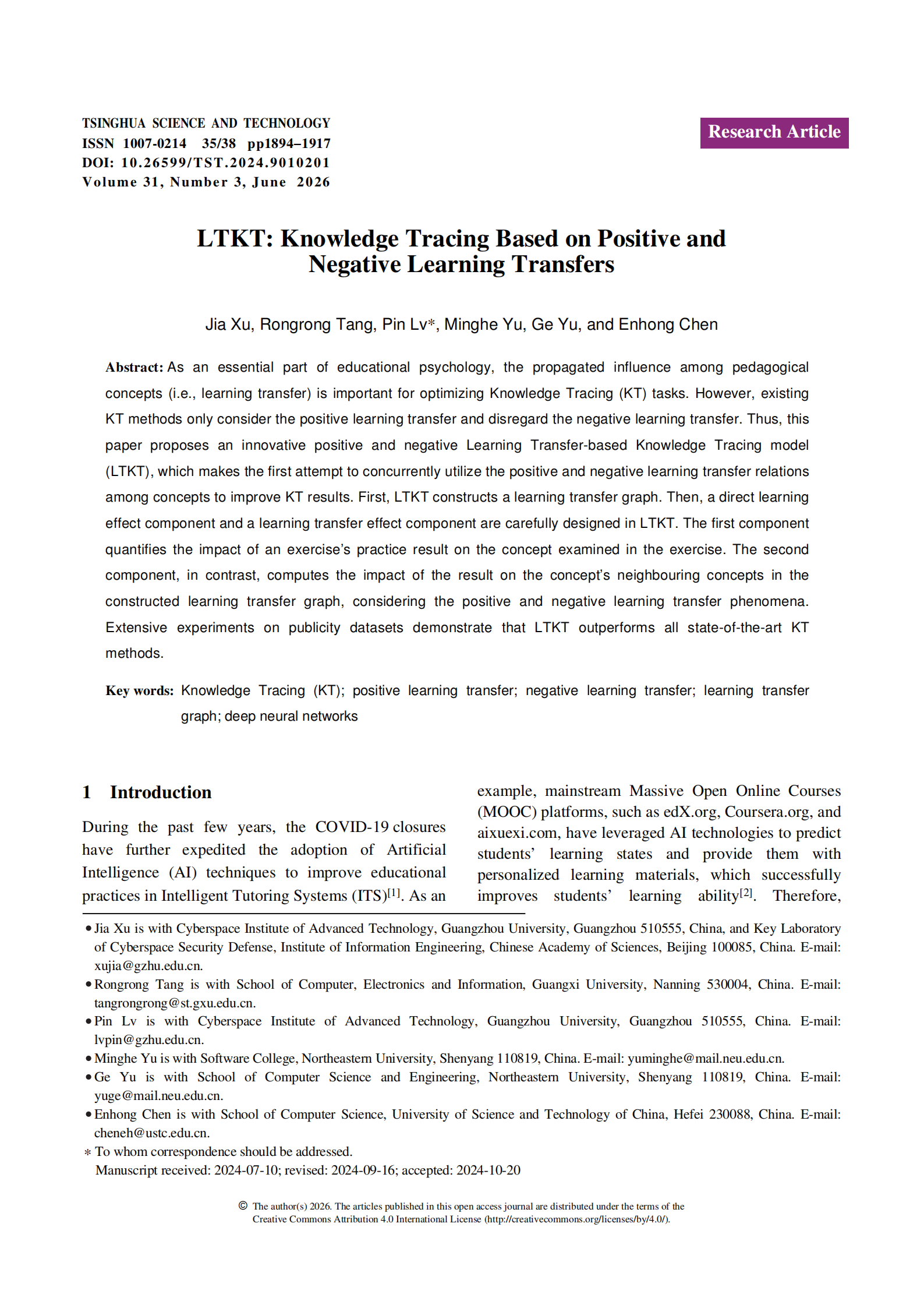 Jia Xu et al. LTKT Knowledge Tracing Based on Positive and Negative Learning Transfers