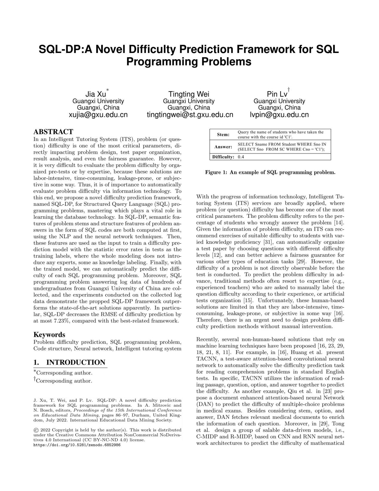 Jia Xu、Tingting Wei、Pin Lv. SQL-DP：A Novel Difficulty Prediction Framework for SQL Programming Problems