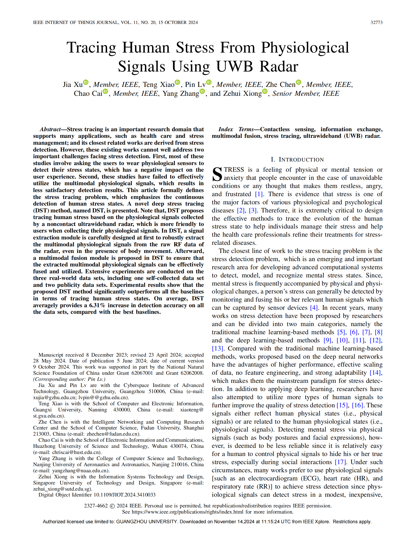 Jia Xu et al. Tracing Human Stress From Physiological Signals Using UWB Radar