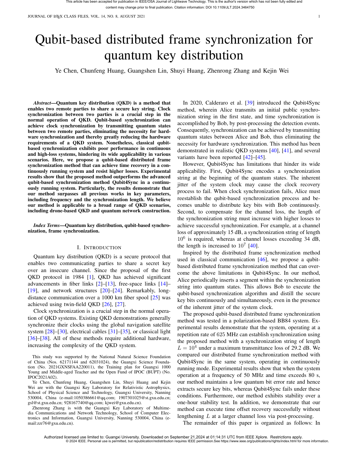 Zhenrong Zhang等.Qubit-Based Distributed Frame Synchronization for Quantum Key Distribution
