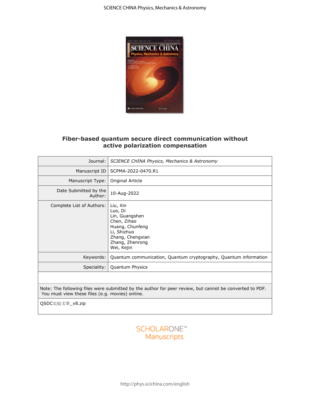 Zhenrong Zhang等.Fiber-based quantum secure direct communication without active polarization compensation