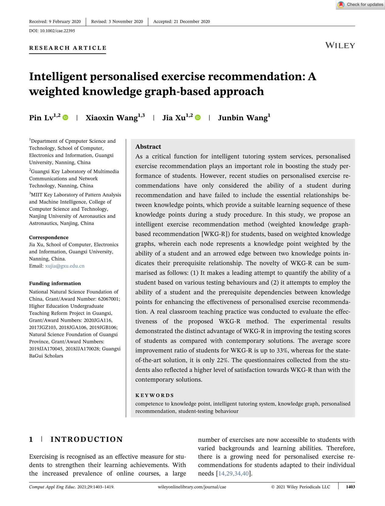Pin Lv、Xiaoxin Wang、Junbin Wang、Jia Xu. Intelligent Personalised Exercise Recommendation：A Weighted Knowledge Graph-Based Approach