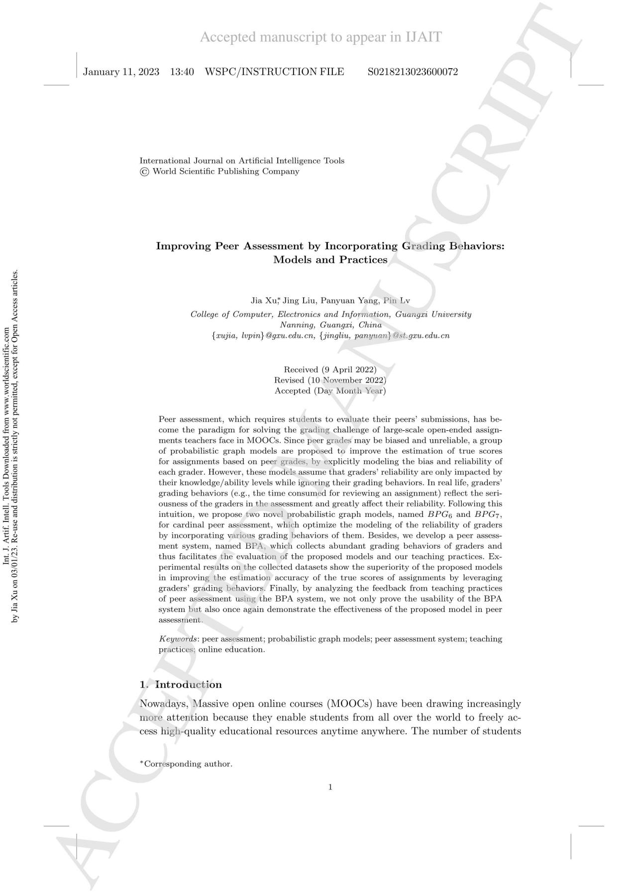 Jia Xu、Jing Liu、Panyuan Yang、Pin Lv. Improving Peer Assessment by Incorporating Grading Behaviors：Models and Practices