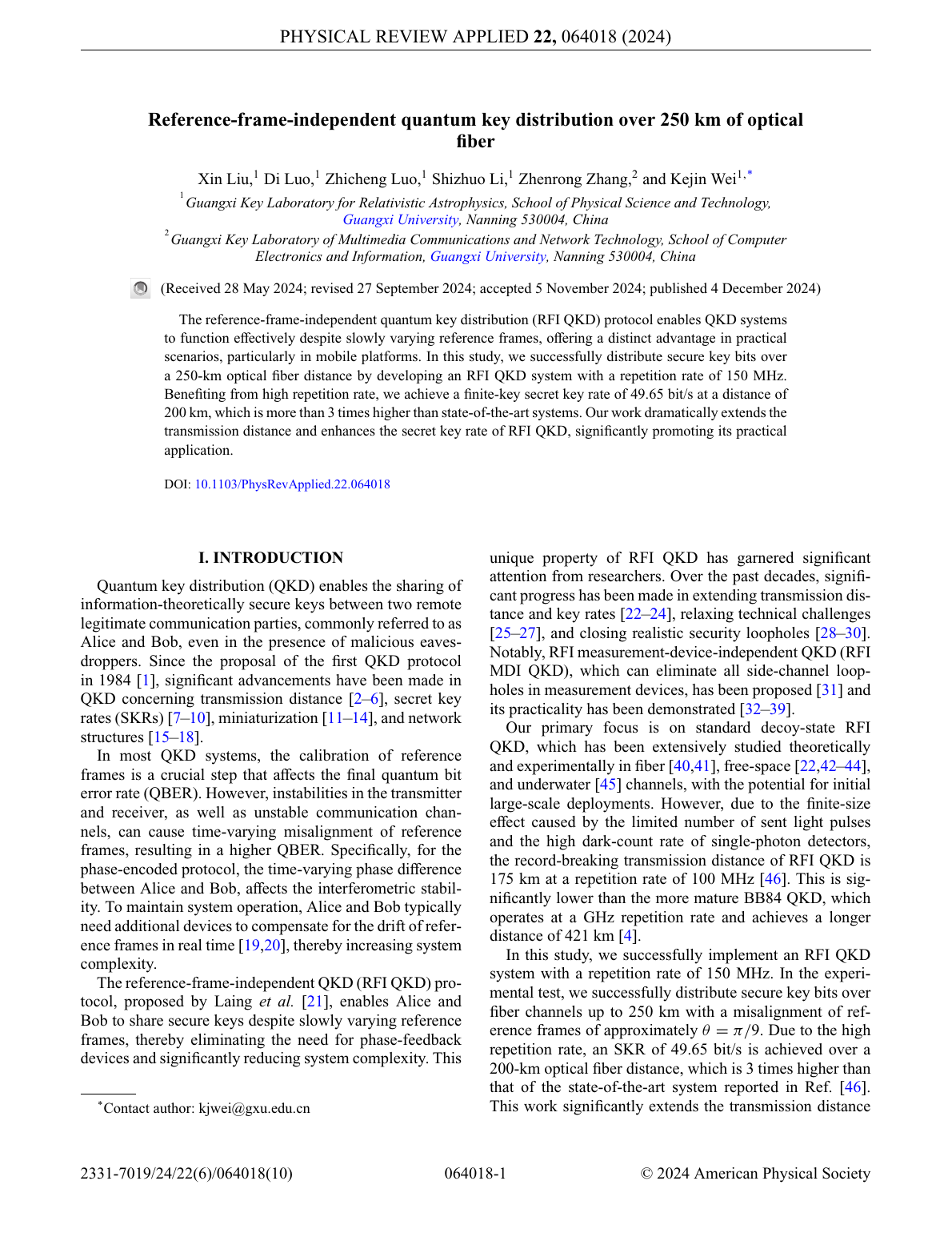 Zhenrong Zhang等.Reference-frame-independent quantum key distribution over 250 km of optical fiber