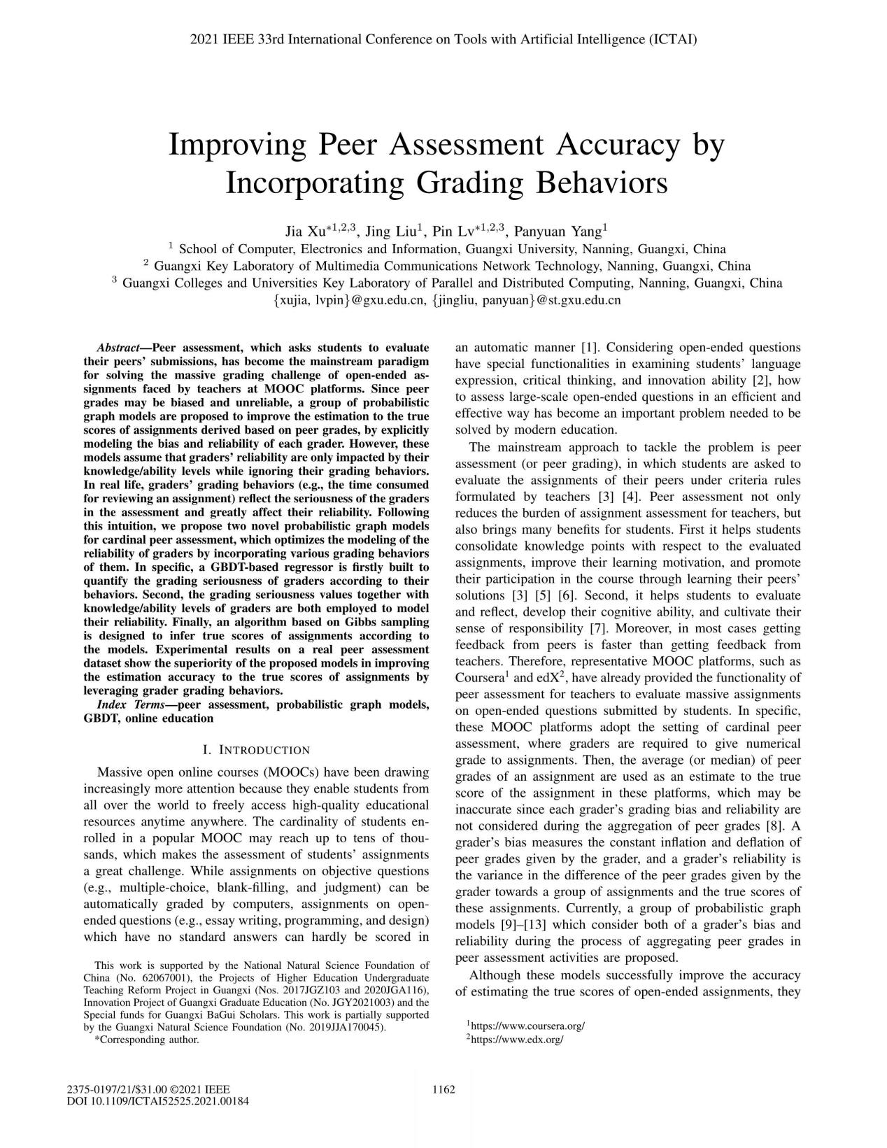 Jia Xu、Jing Liu、Pin Lv、Panyuan Yang. Improving Peer Assessment Accuracy by Incorporating Grading Behaviors