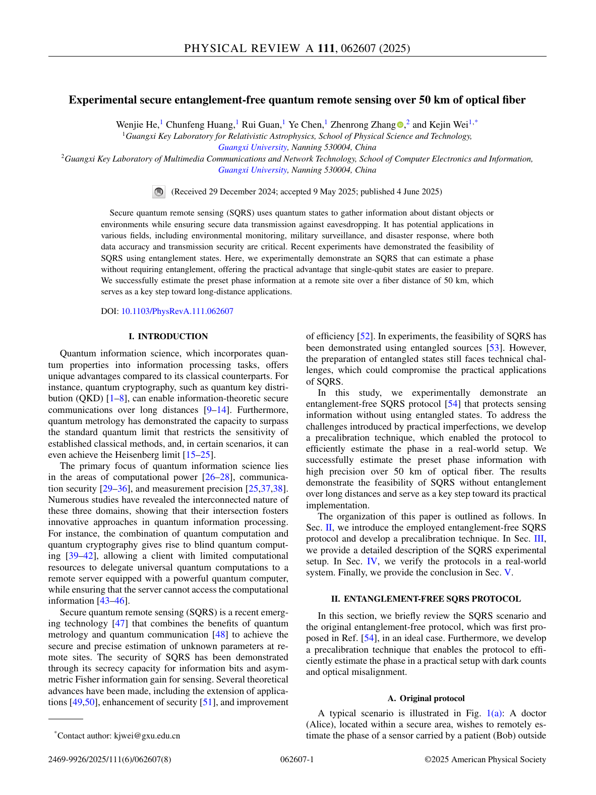 Zhenrong Zhang等.Experimental secure entanglement-free quantum remote sensing over 50 km of optical