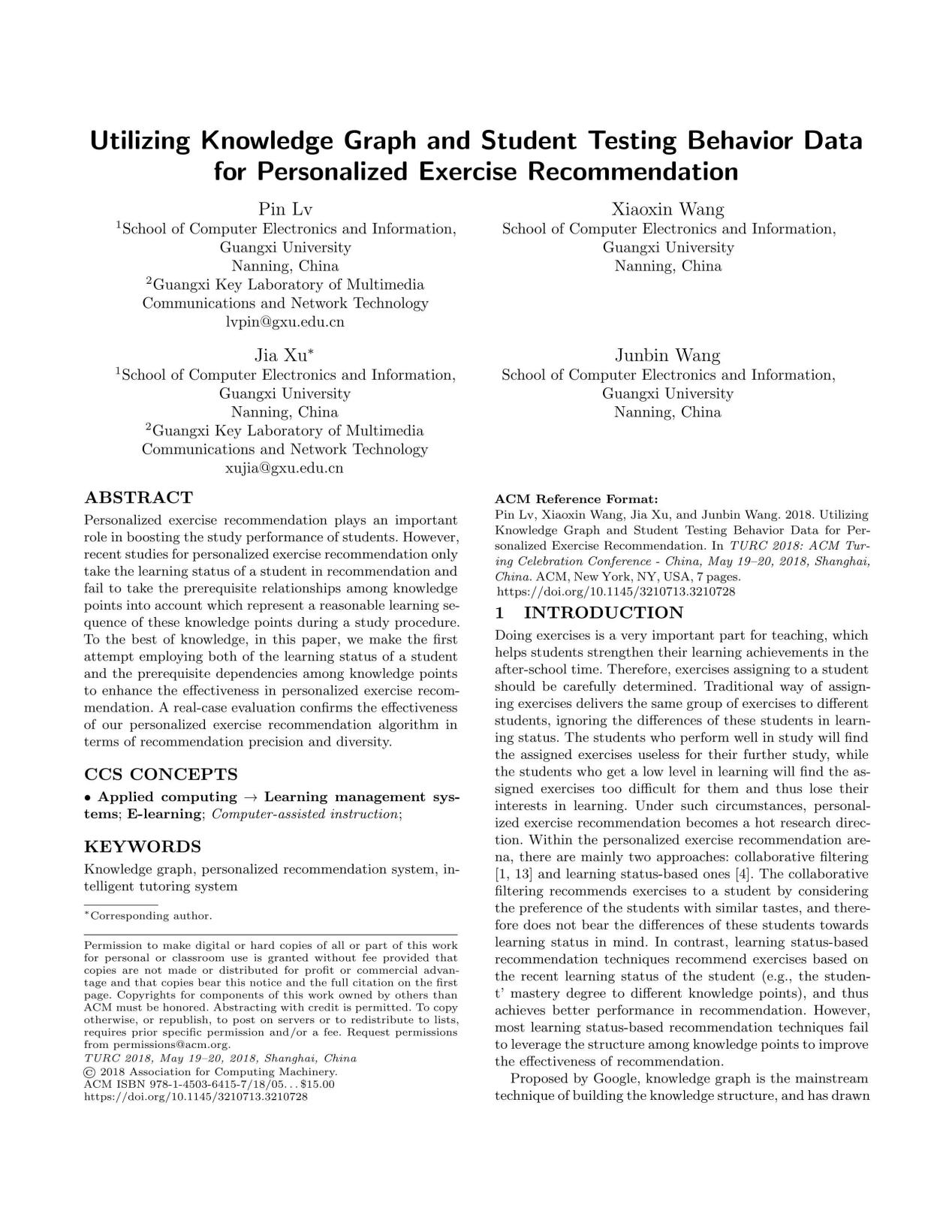 Pin Lv、Jia Xu、Xiaoxin Wang、Junbin Wang. Utilizing Knowledge Graph and Student Testing Behavior Data for Personalized Exercise Recommendation