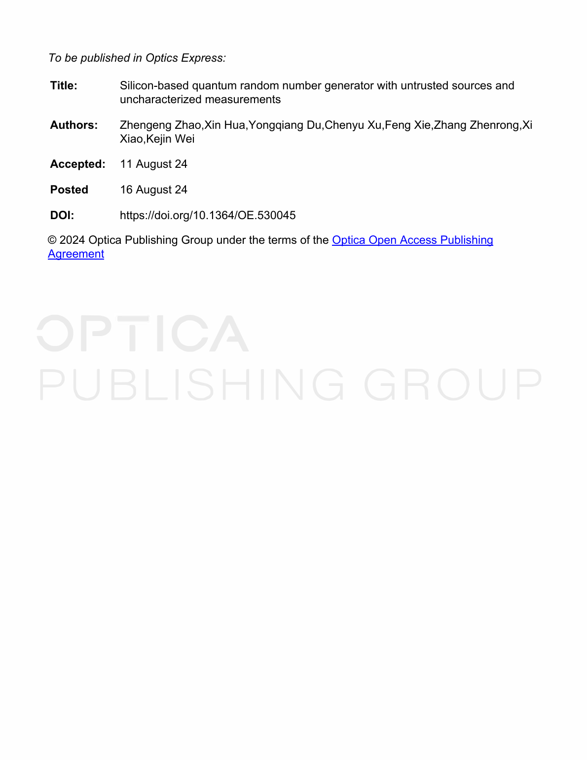 Zhenrong Zhang等.Silicon-based quantum random number generator with untrusted sources and uncharacterized measurements