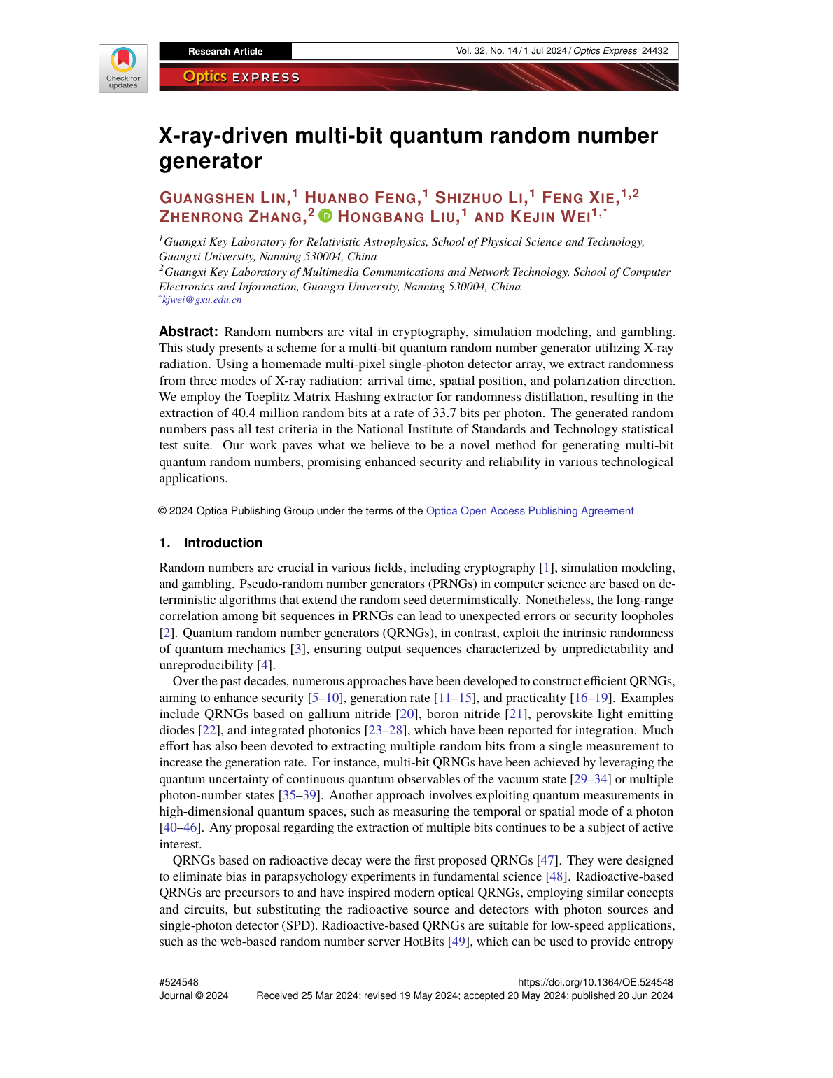 Zhenrong Zhang等.X-ray-driven multi-bit quantum random number generator