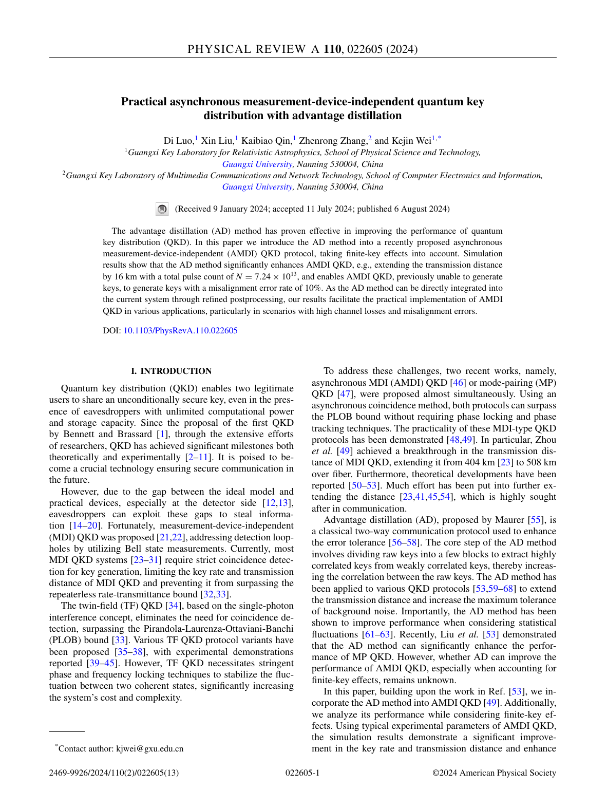Zhenrong Zhang等.Practical asynchronous measurement-device-independent quantum key distribution with advantage distillation