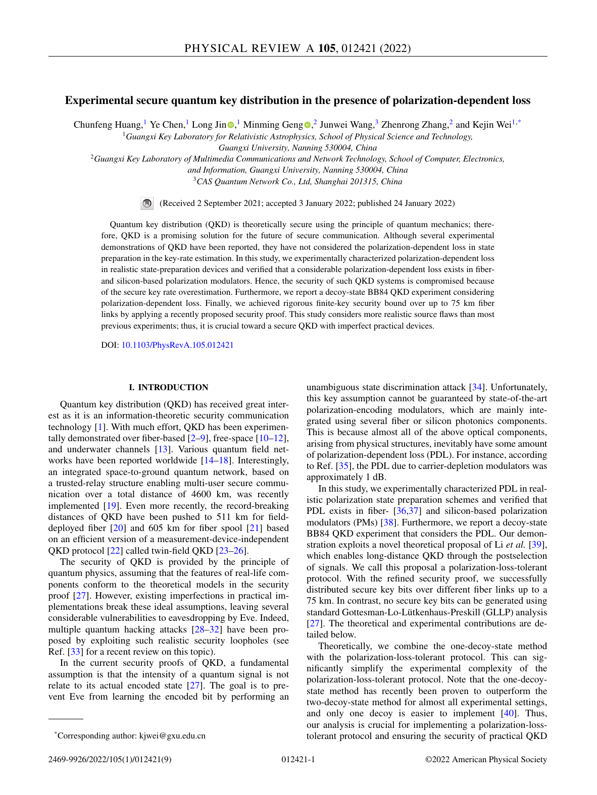 Zhenrong Zhang等.Experimental secure quantum key distribution in the presence of polarization-dependent loss