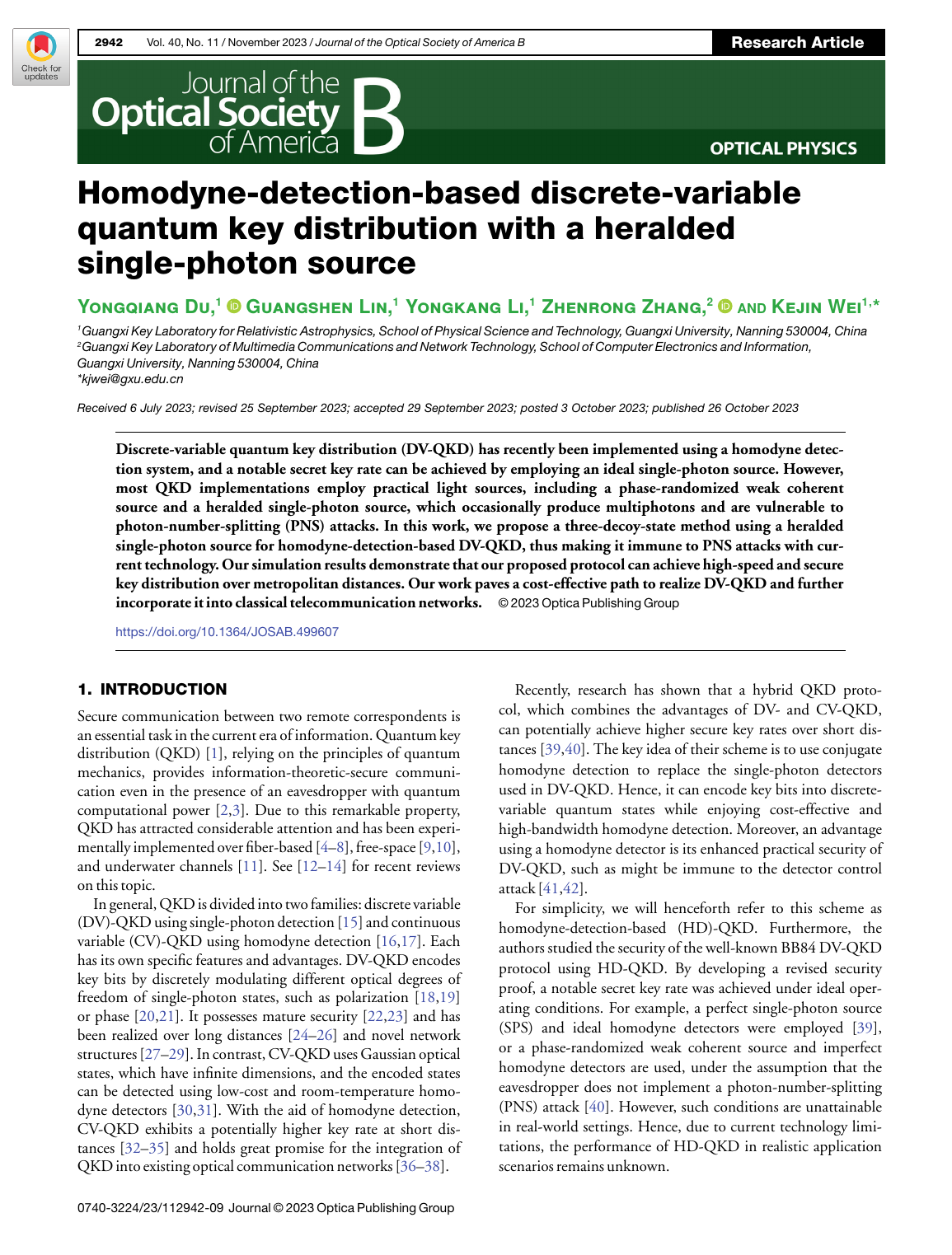 Zhenrong Zhang等.Homodyne-detection-based discrete-variable quantum key distribution with a heralded single-photon source