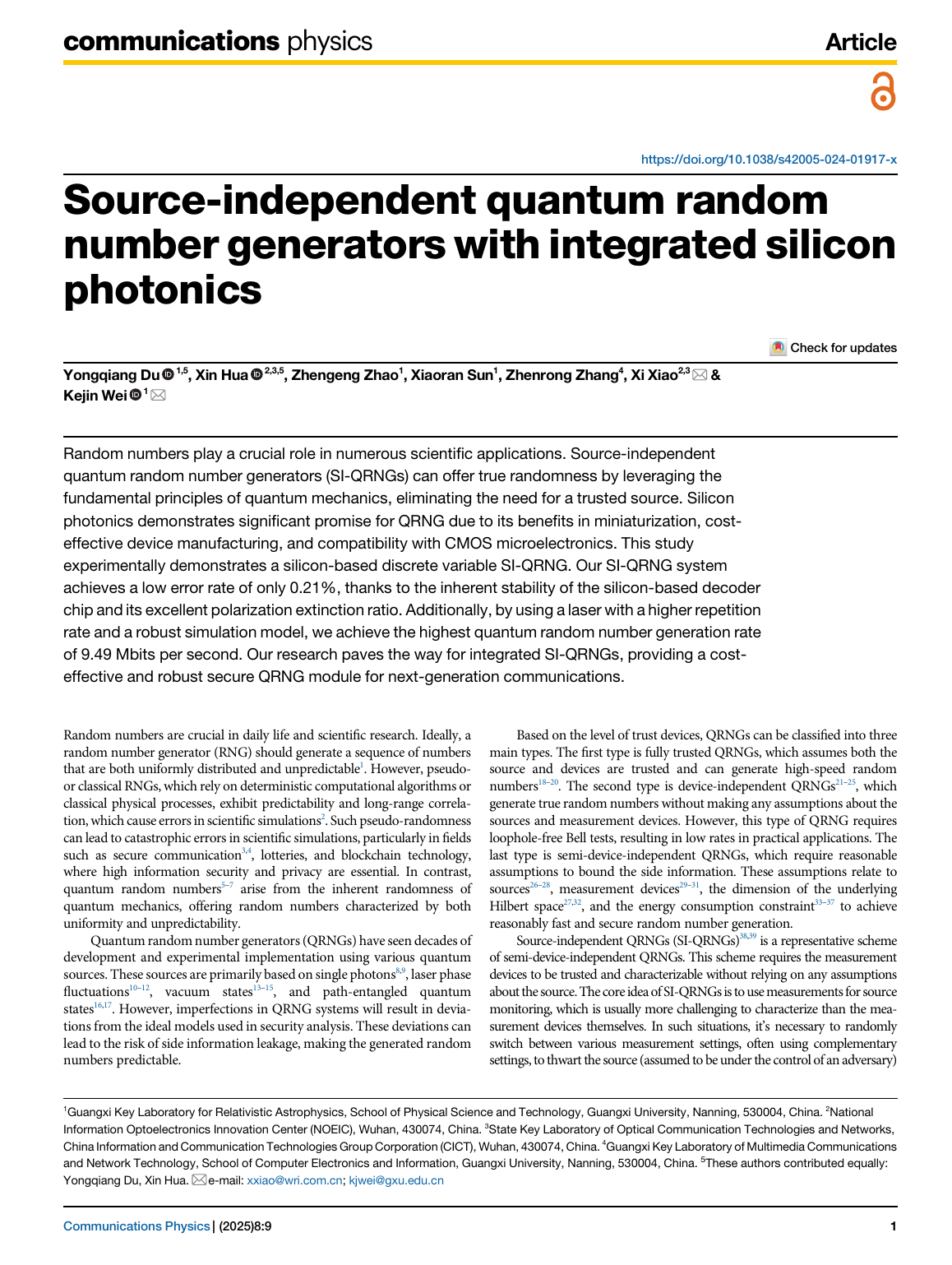 Zhenrong Zhang等.Source-independent quantum random number generators with integrated silicon photonics