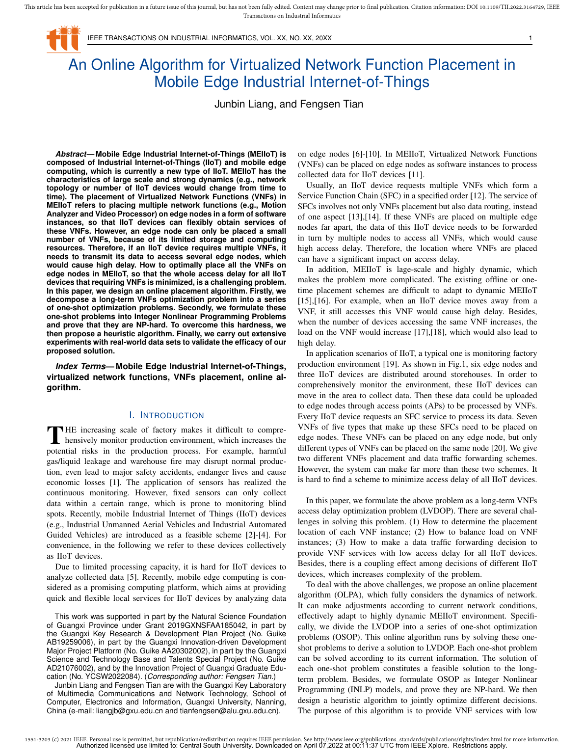 Junbin Liang, Fengsen Tian.An Online Algorithm for Virtualized Network Function Placement in Mobile Edge Industrial Internet-of-Things