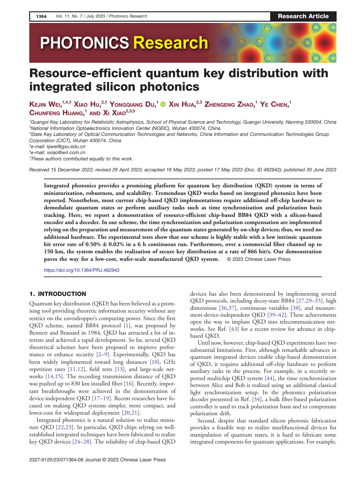 Kejin Wei等.Resource-efficient quantum key distribution with integrated silicon photonics