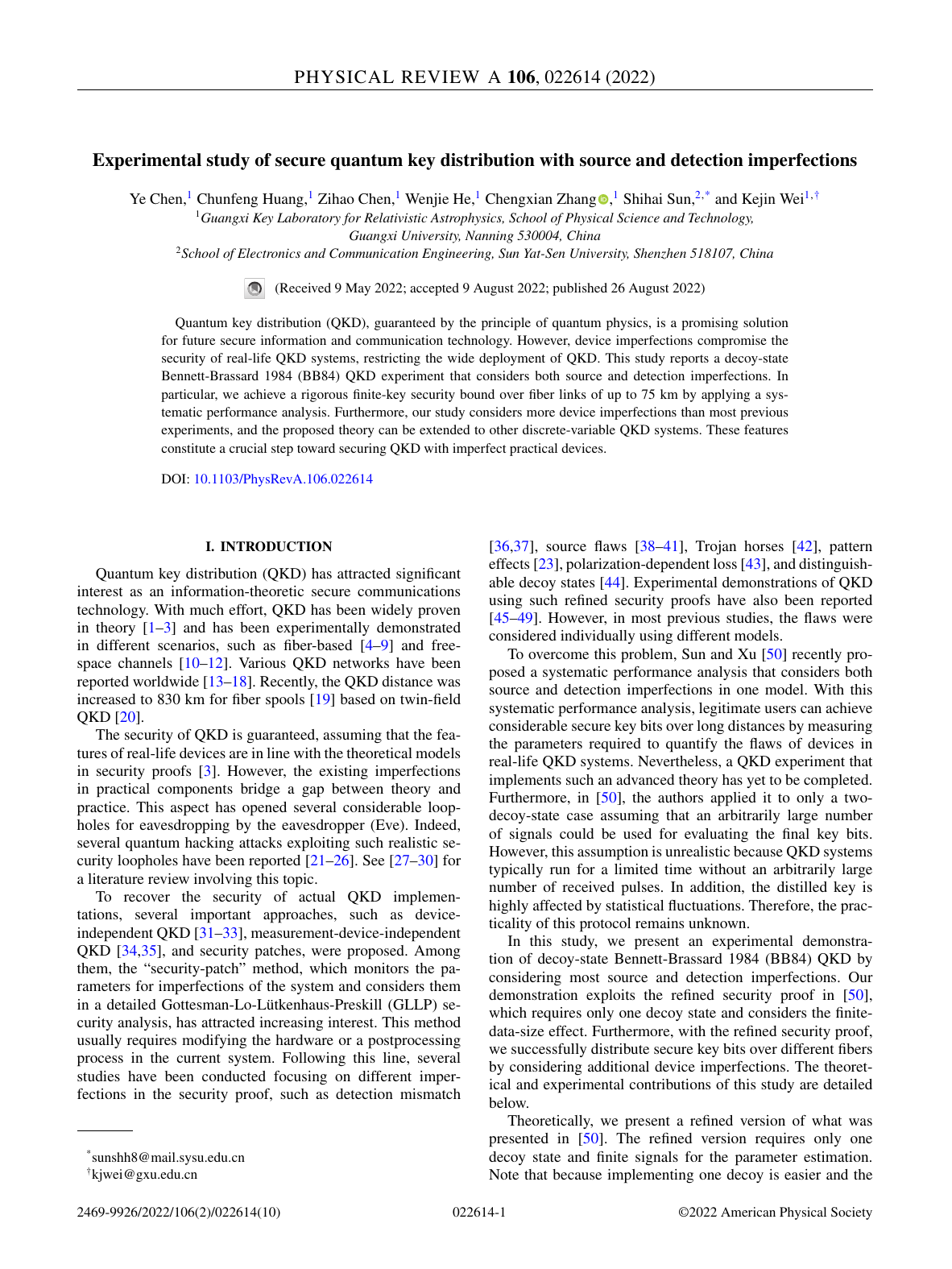 Ye Chen等.Experimental study of secure quantum key distribution with source and detection imperfections