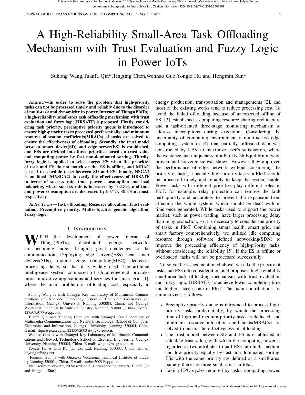 Suhong Wang等.A High-Reliability Small-Area Task Offloading Mechanism with Trust Evaluation and Fuzzy Logic in Power IoTs