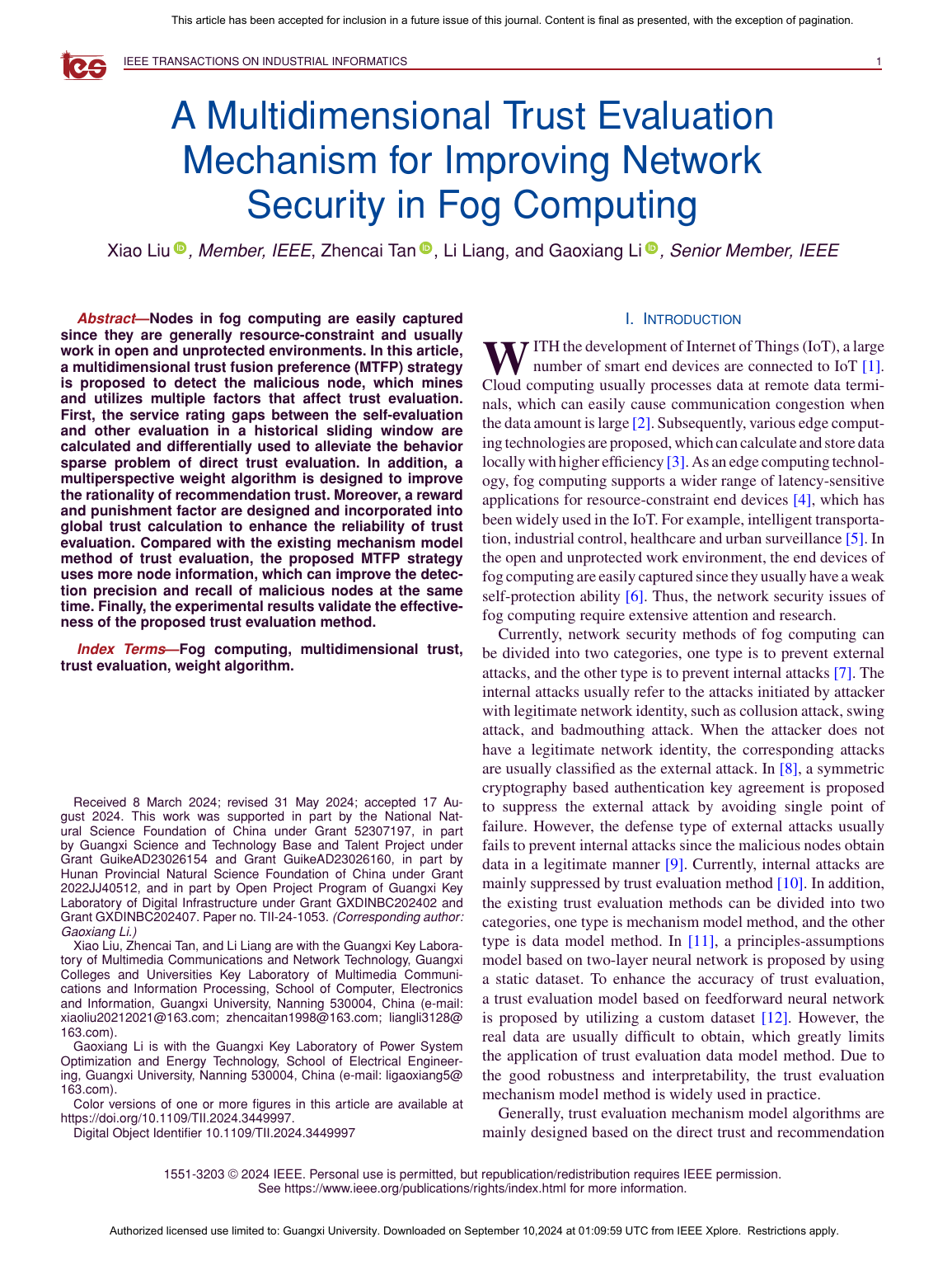 Xiao Liu等.A Multidimensional Trust Evaluation Mechanism for Improving Network Security in Fog Computing