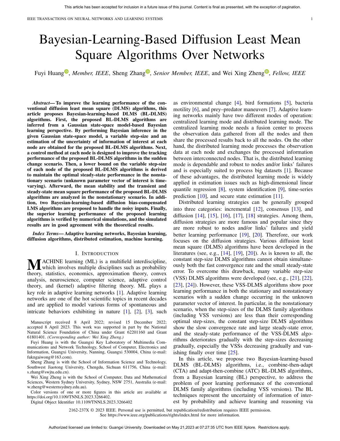 Fuyi Huang等.Bayesian-Learning-Based Diffusion Least Mean Square Algorithms Over Networks