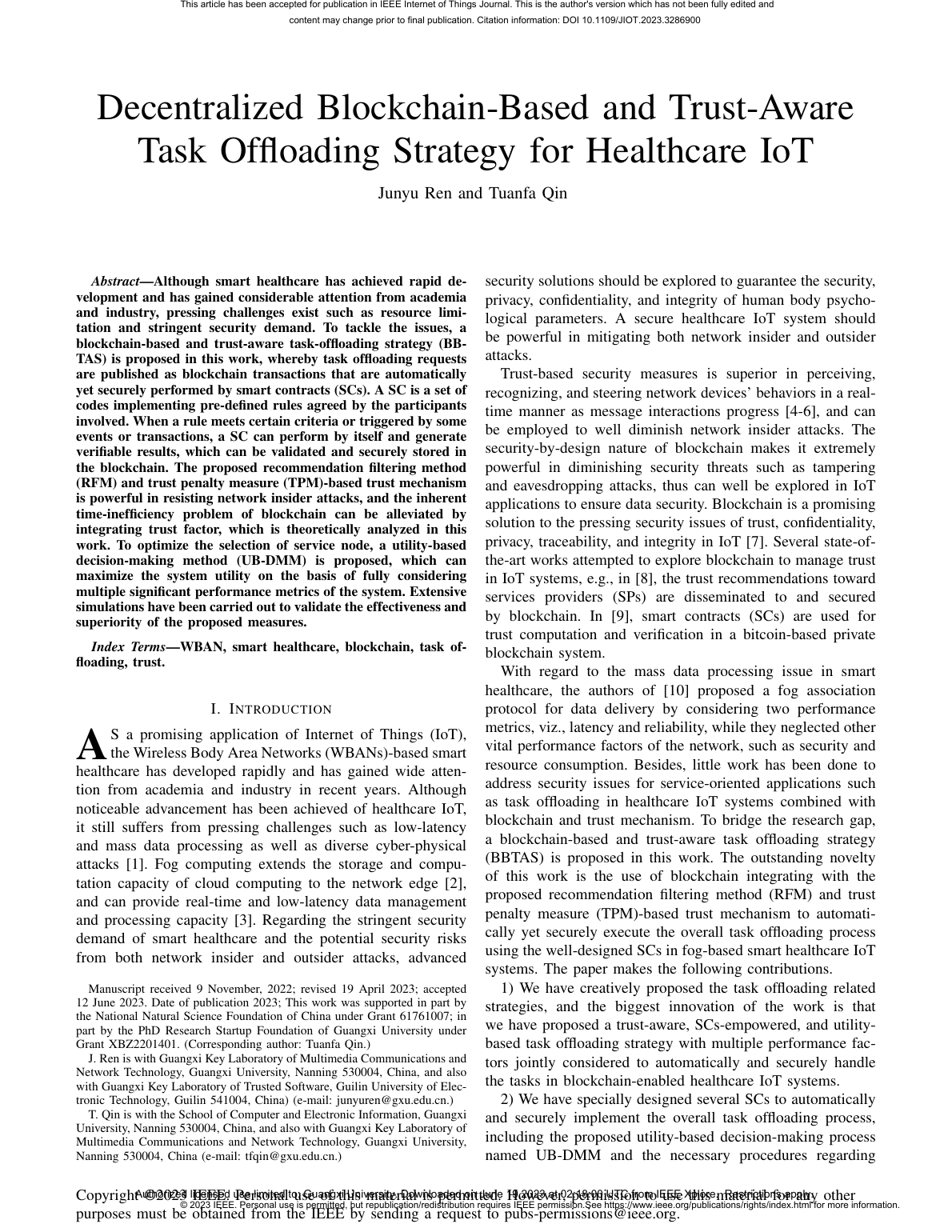Junyu Ren, Tuanfa Qin.Decentralized Blockchain-Based and Trust-Aware Task Offloading Strategy for Healthcare IoT