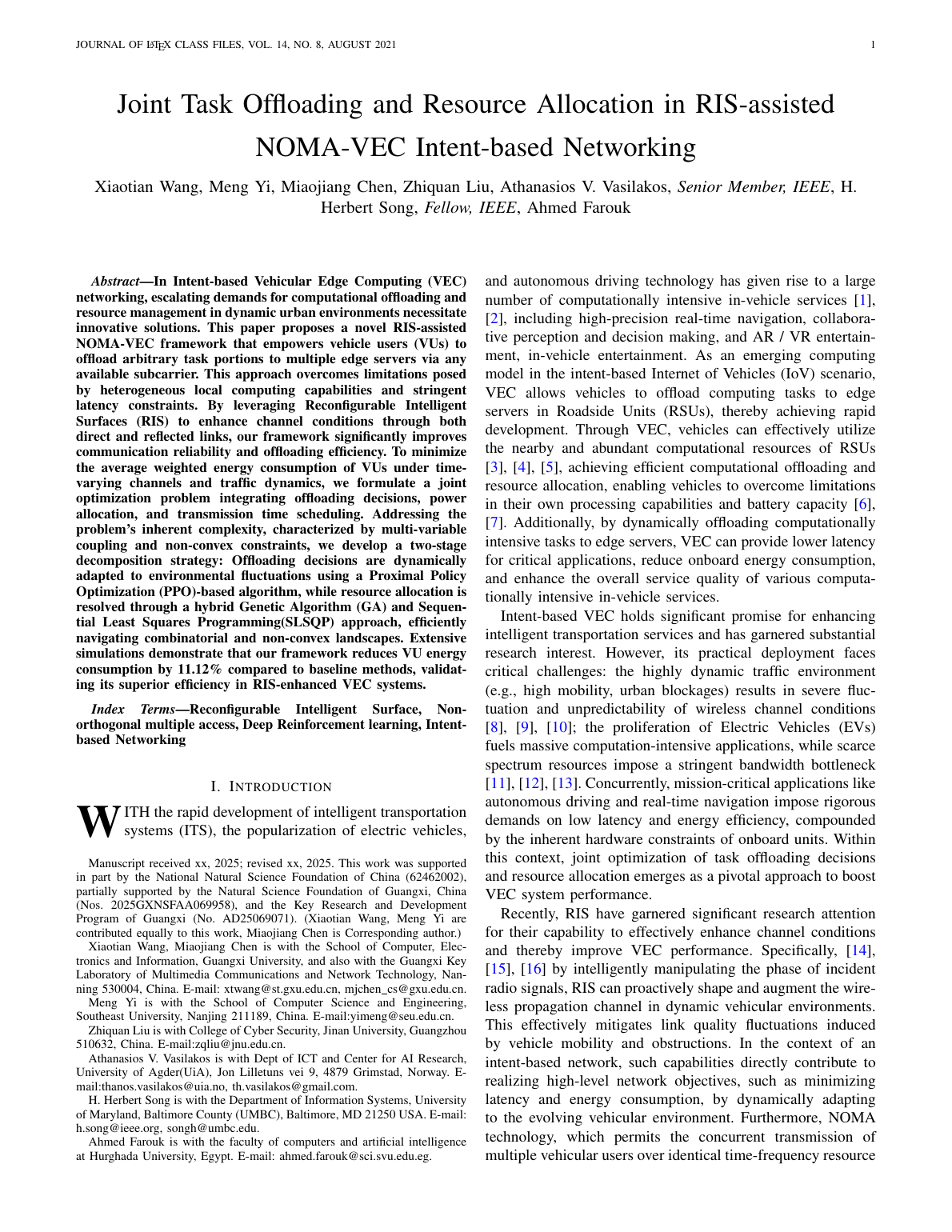 Xiaotian Wang等.Joint Task Offloading and Resource Allocation in RIS-assisted NOMA-VEC Intent-based Networking