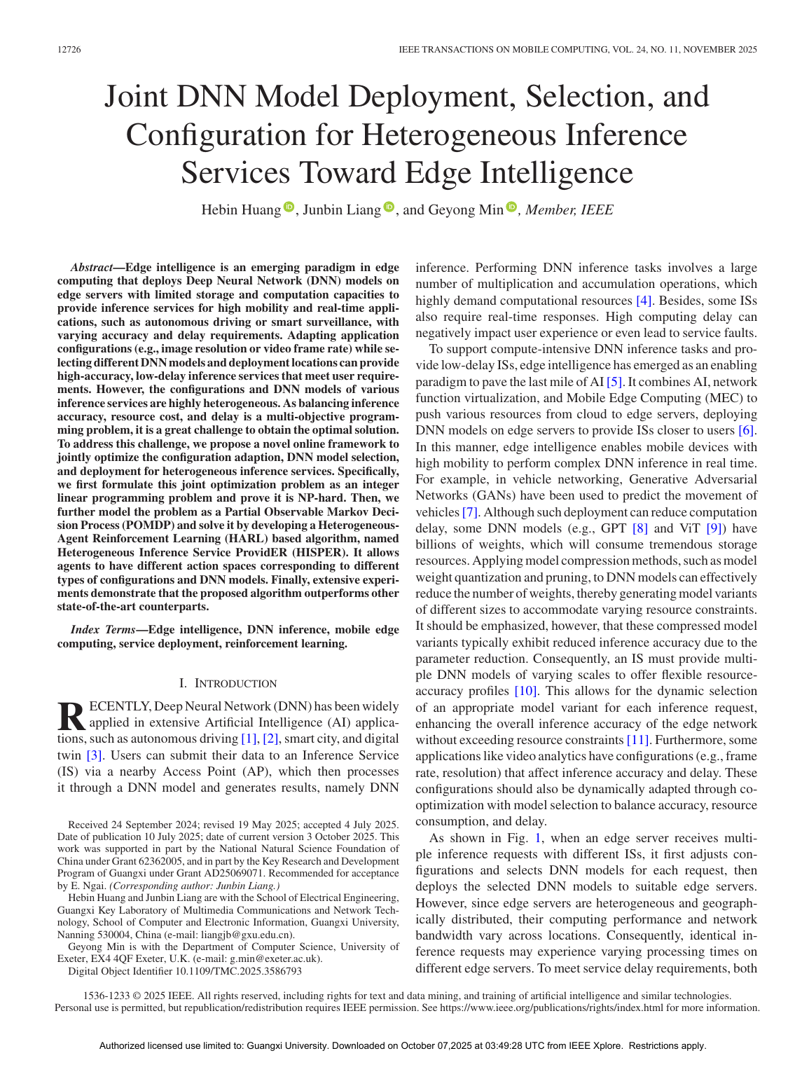 Hebin Huang等.Joint DNN Model Deployment Selection and Configuration for Heterogeneous Inference Services Toward Edge Intelligence