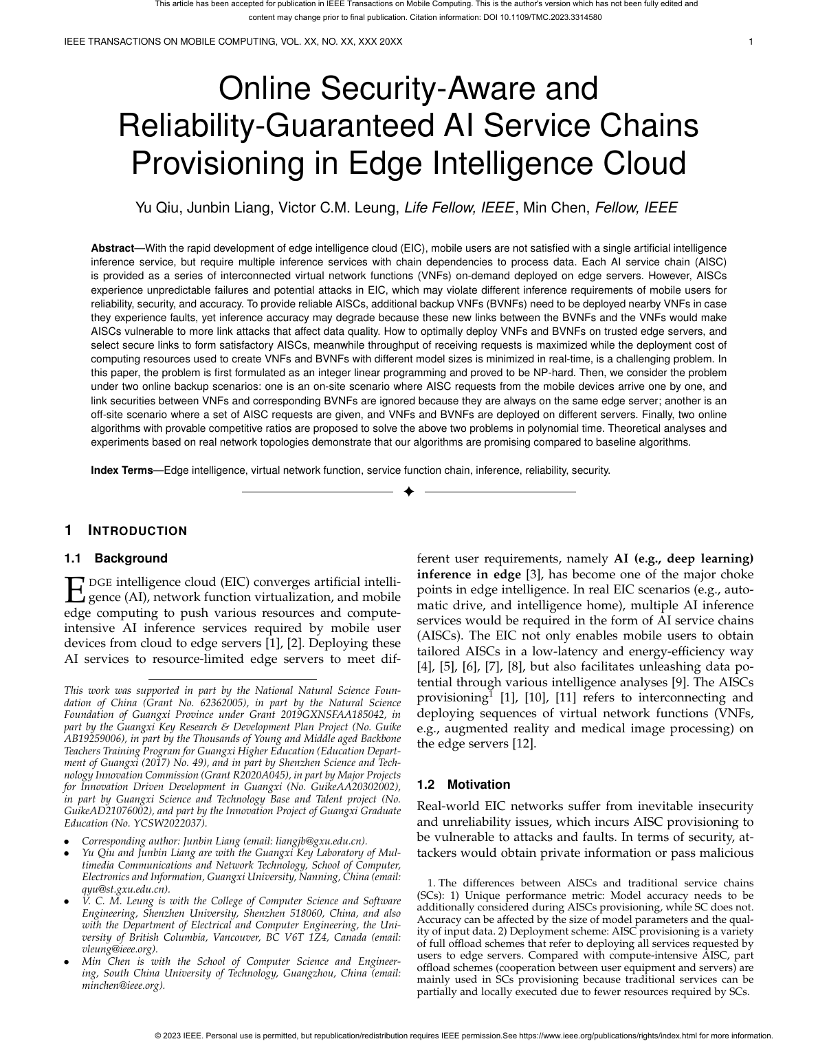 Yu Qiu等.Online Security-Aware and Reliability-Guaranteed AI Service Chains Provisioning in Edge Intelligence Cloud