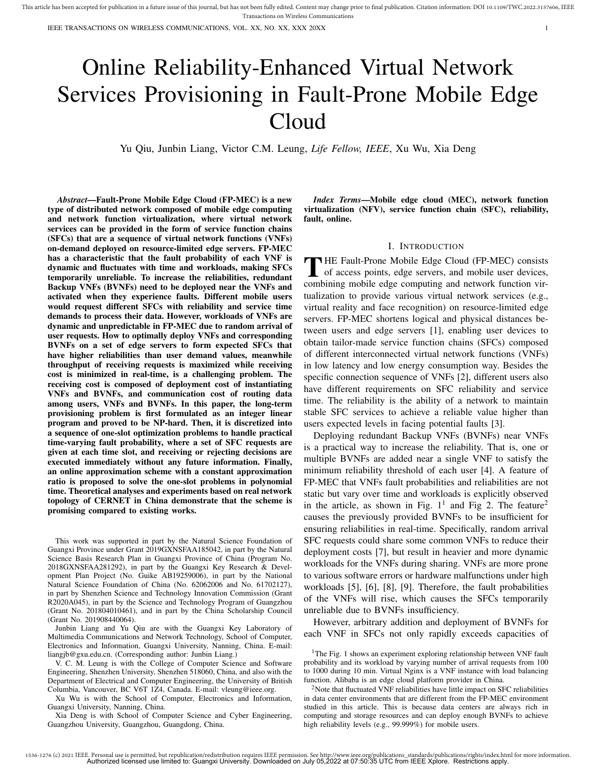 Yu Qiu等.Online Reliability-Enhanced Virtual Network Services Provisioning in Fault-Prone Mobile Edge Cloud