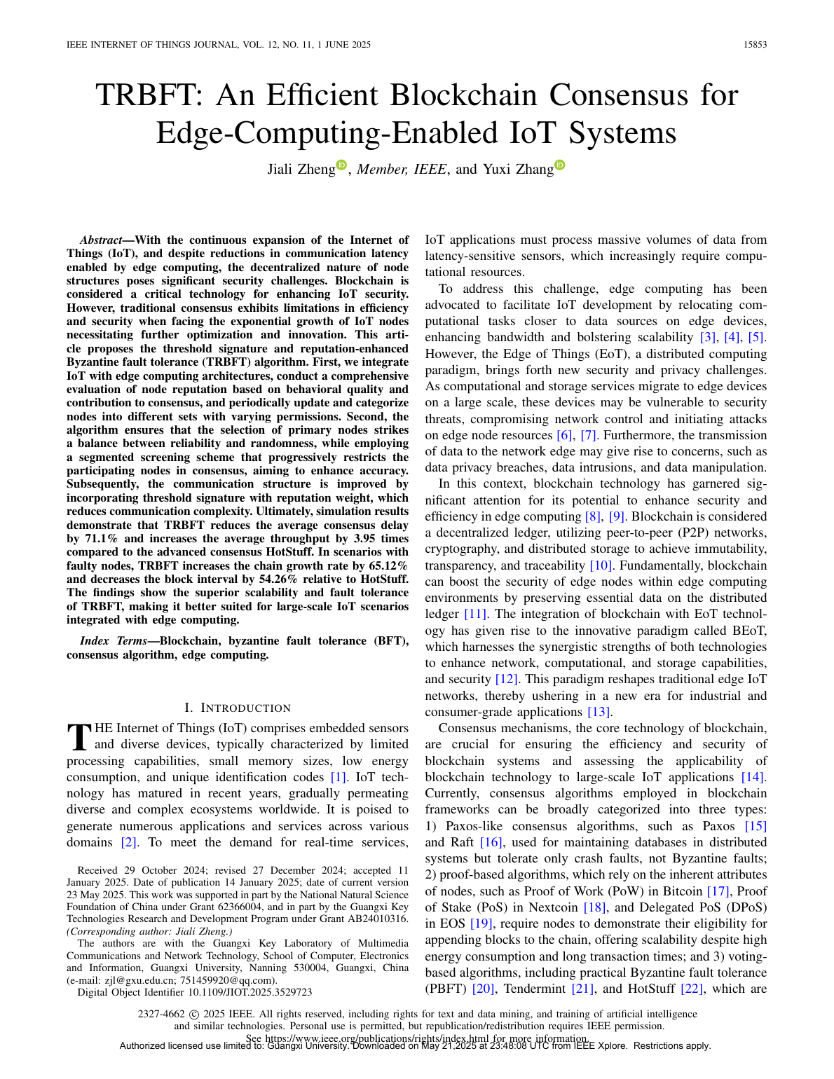 Jiali Zheng, Yuxi Zhang.TRBFT An Efficient Blockchain Consensus for Edge-Computing-Enabled IoT Systems