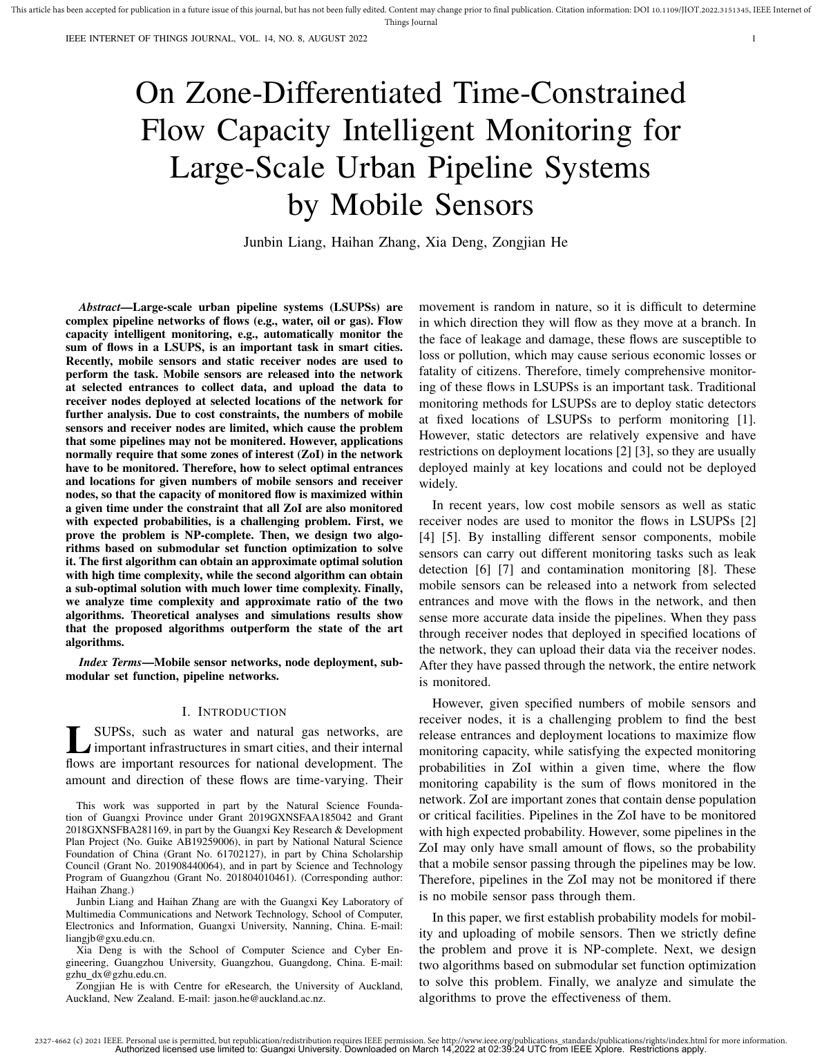 Junbin Liang等.On Zone-Differentiated Time-Constrained Flow Capacity Intelligent Monitoring for Large-Scale Urban Pipeline Systems by Mobile Sensors
