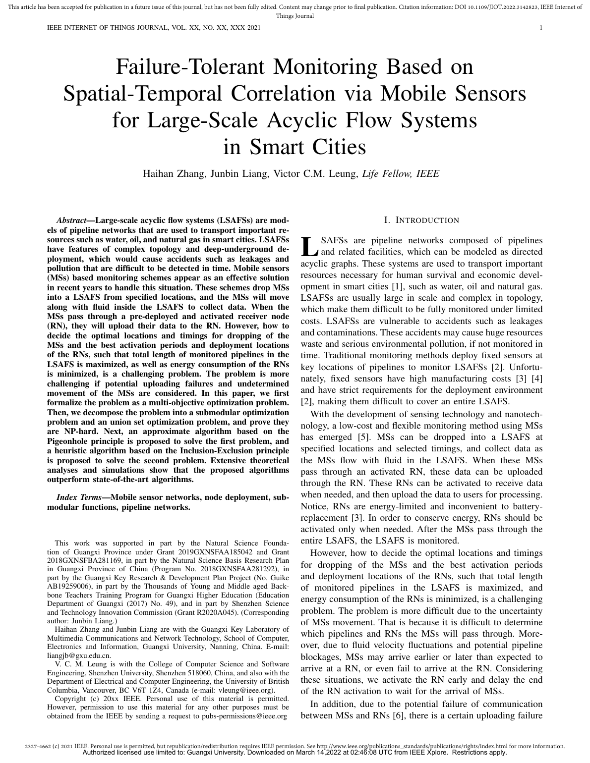 Haihan Zhang等.Failure-Tolerant Monitoring Based on Spatial-Temporal Correlation via Mobile Sensors for Large-Scale Acyclic Flow Systems in Smart Cities